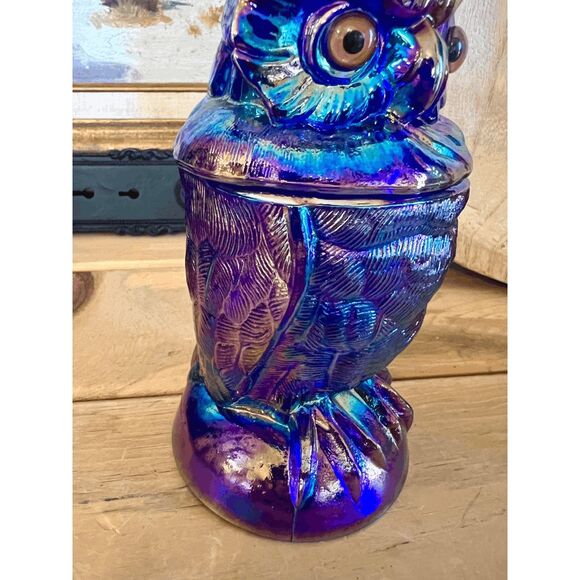 Vintage Owl Toby Jar Cobalt Blue Carnival Glass Imperial Glass Mould by Mosser G - Picture 4 of 7